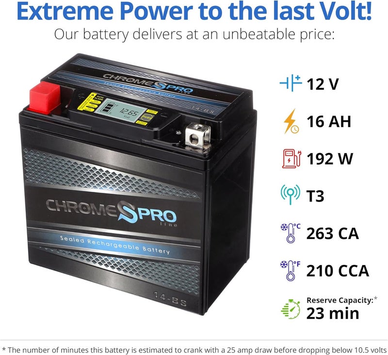 Chrome S Pro iGel YTX14-BS Maintenance-Free, 210CCA, LCD Voltage Display, 12V 16Ah Battery Replacement for ATV, Motorcycle, Jet Skis, Scooter, UTV, and More - Nut and Bolt (T3) Terminal - Image 4
